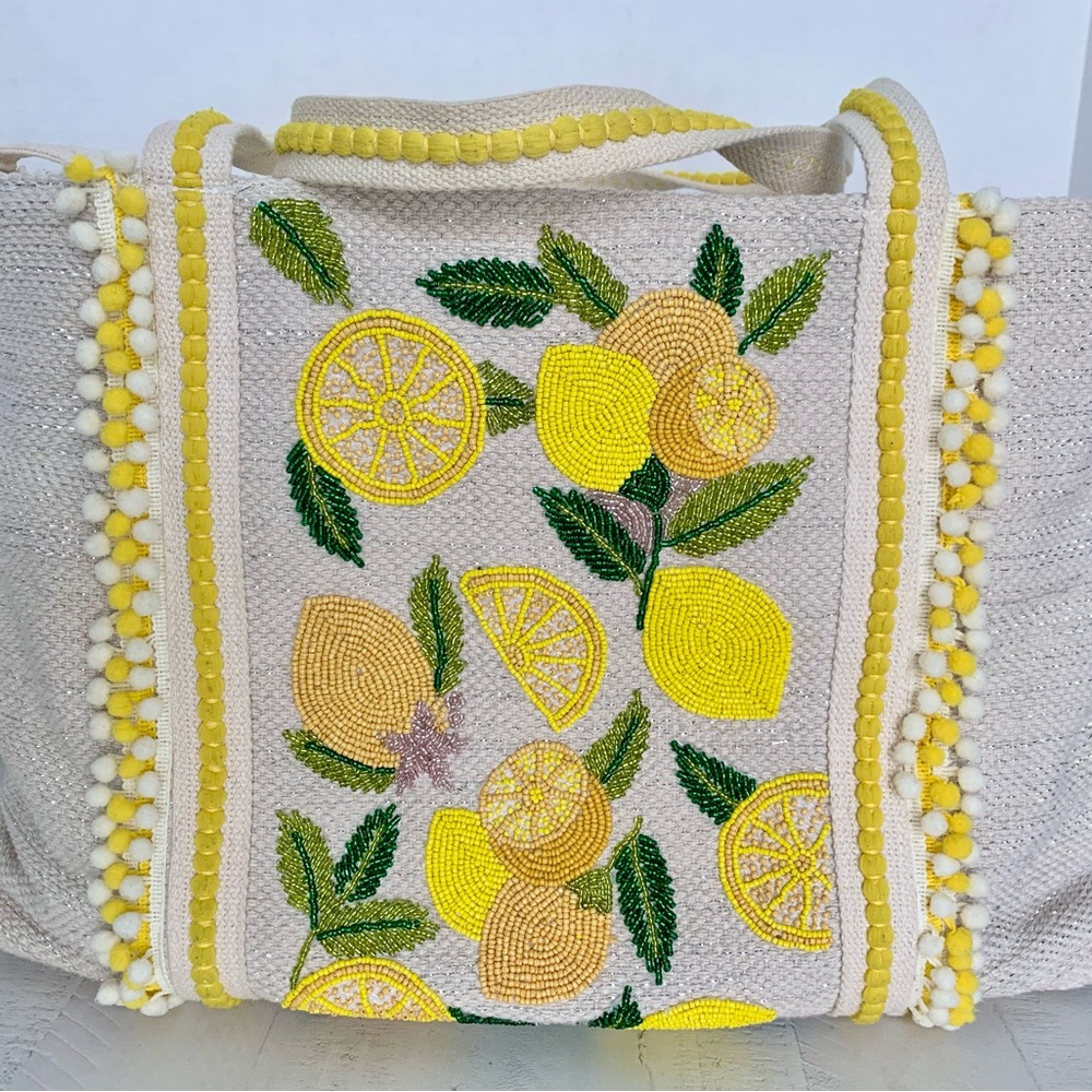 Lemon Beaded Tote Bag - Cream and Yellow